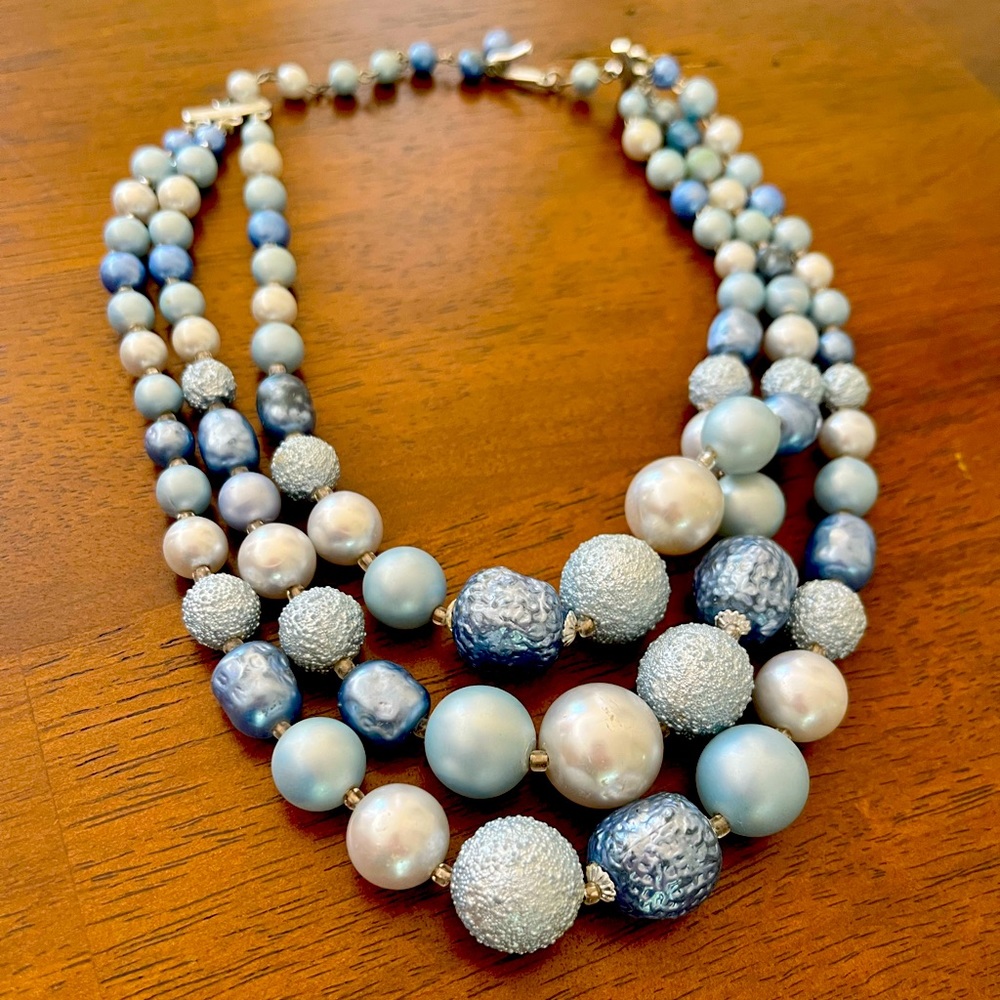 3 Layered Blue and Silvery beaded necklace